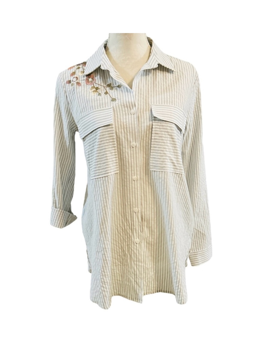 Striped Embroidered Floral Button-Up Striped Tunic Top - Gray NWOT Mystree